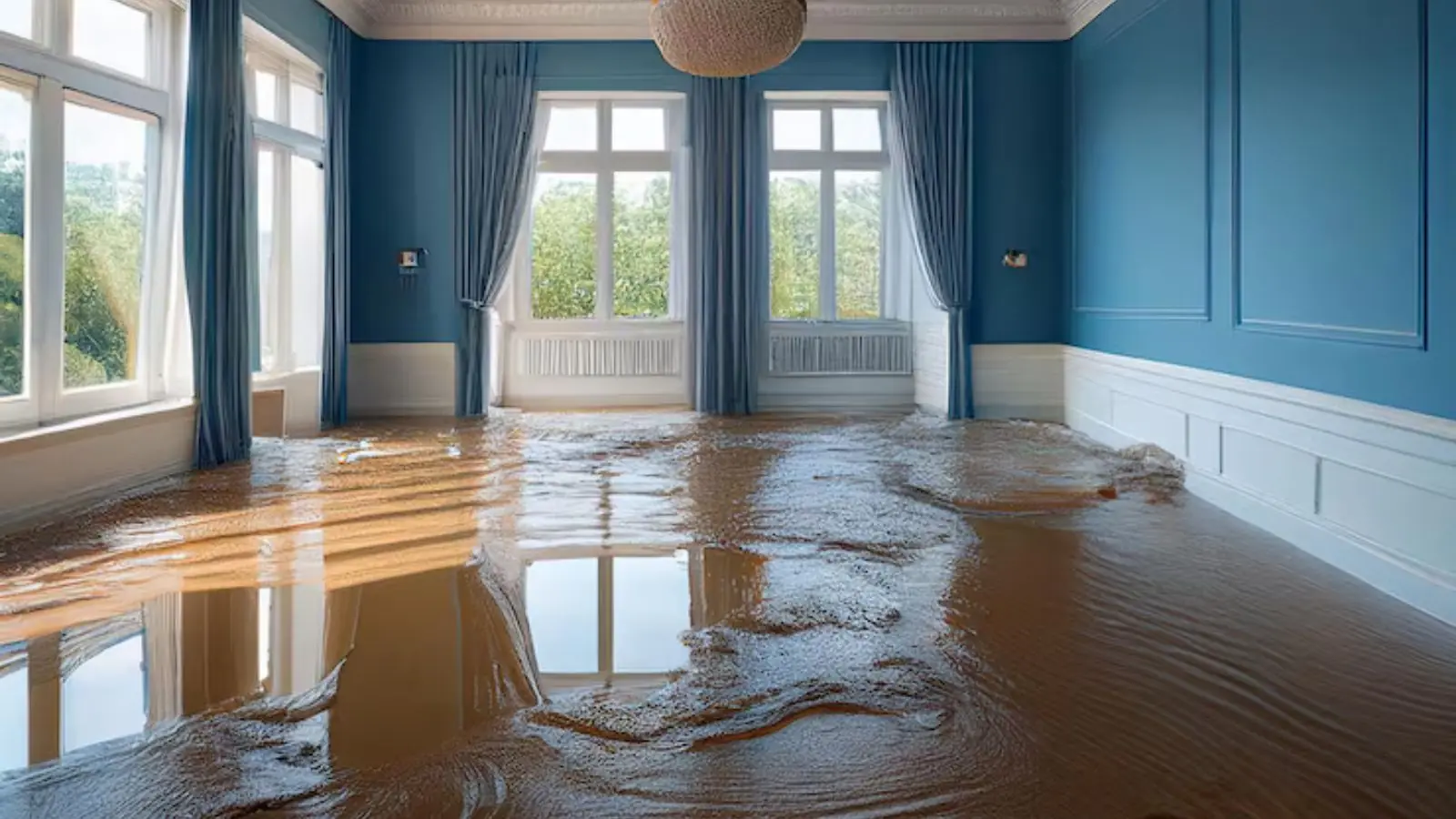 Water spreading across the wood floor of a blue-walled room with tall windows